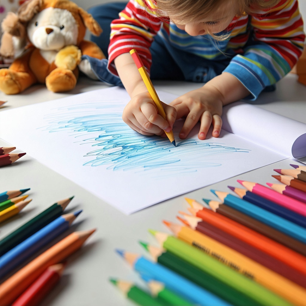In the vibrant scene reminiscent of the how digital tools enhance parenting section a child is engrossed in creative expression seated with a colorful array of crayons scattered around them The viewpoint captures the moment from behind the child high
