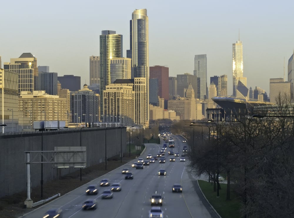 Rush hour at sunrise in Chicago -- looking north along Lake Shore Drive